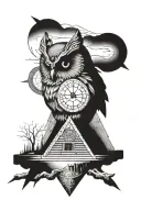 owl, pyramid, clock, all seeing eye tattoo design idea