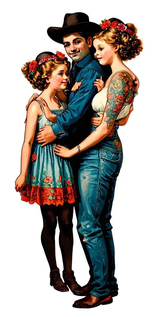 Papà and three daughters showing the passage of time to time tattoo design idea
