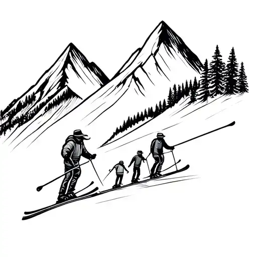 mountain background and family on skis tattoo design idea