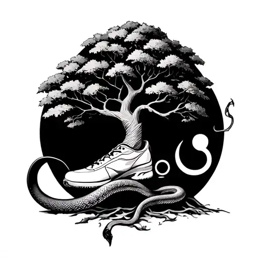 a tree with a snake wrapping around it growing from the tree is a double Venus symbol, track shoes tied by the shoe stri tattoo design idea