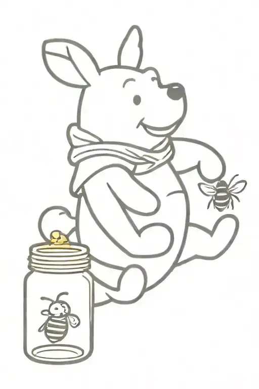 Winnie the Pooh holding a jar of honey and a bee flying tattoo design idea
