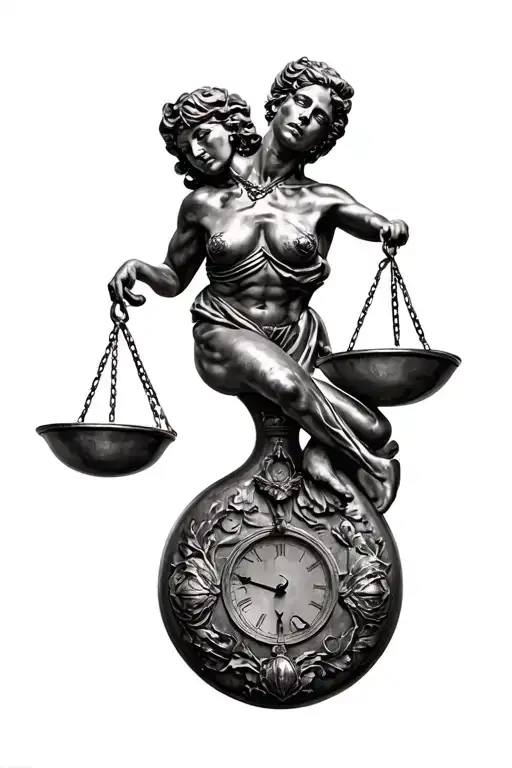 "The black and white lusptation of an old balance in aged metal, presenting an obvious torsion in soncentre, Sy tattoo design idea