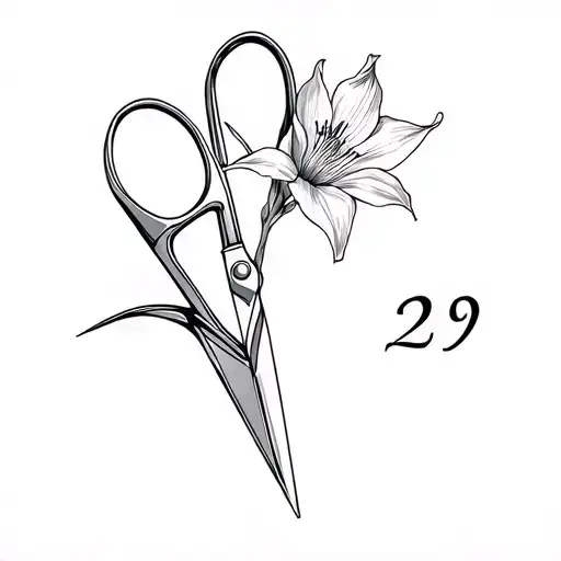 a pair of tailor's scissors with a gladiolus flower, and the number 29 tattoo design idea