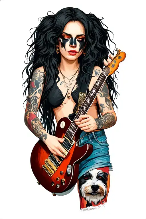 A leftist punk rock female guitarist with black long hair a tattoo of their dog with a black face on their arm tattoo design idea