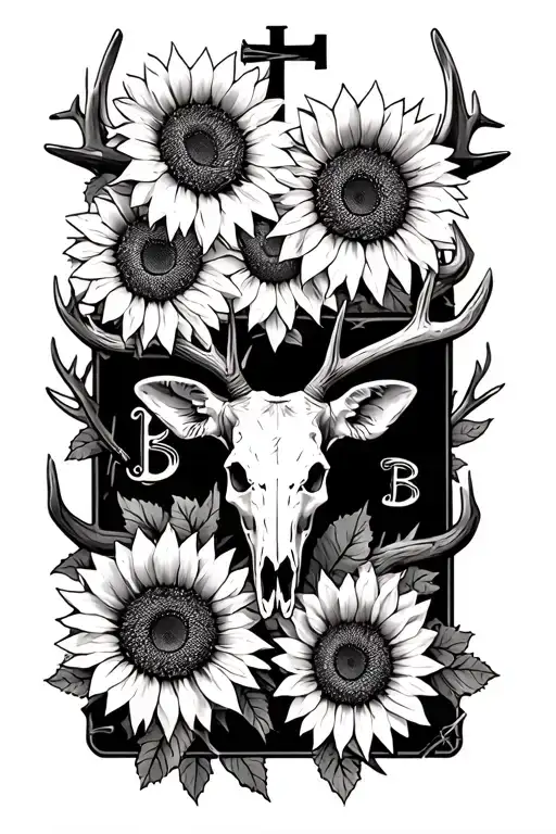 half sleeve western style with sunflowers, a cow tag with a B in the middle, deer skull and antlers, barbed wired, cross tattoo design idea