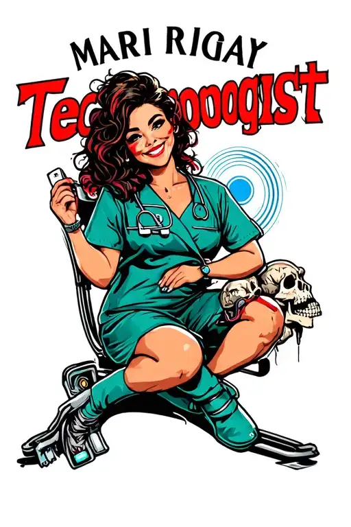 "MRI Technologist" cute pinup, scrubs, medical, magnets, radio waves, smile, female, nails, messy hair, big boobs, skulls tattoo design idea