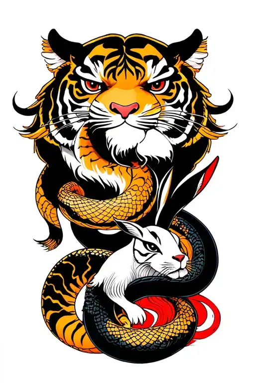 Generate a fierce oriental themed tattoo where it is a scene that involves a zodiac tiger, snake, rabbit and a bull tattoo design idea