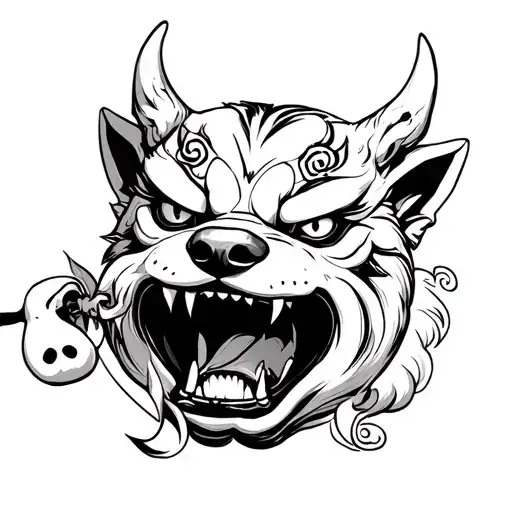 oni mask of a dog biting a teru teru bozu tattoo design idea