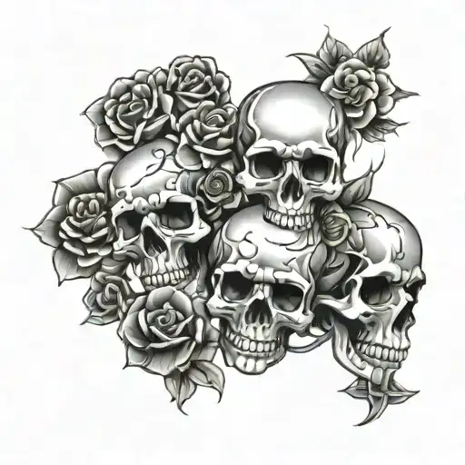 Design a tattoo showcasing a collection of different skulls adorned with various crosses and roses tattoo design idea