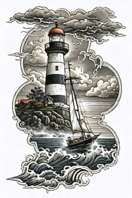 sailboat and lighthouse in a storm clouds tattoo design idea
