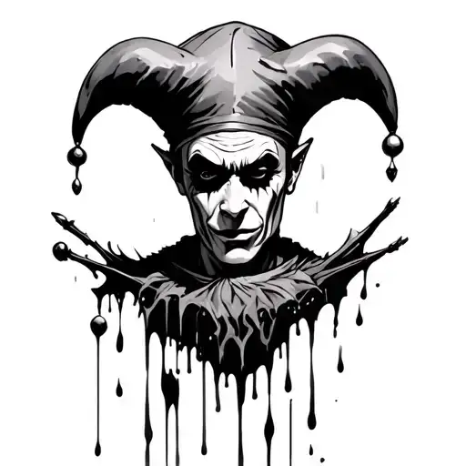 a medieval jester sleeve with dripping ink bloody and gothic  tattoo design idea