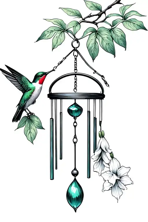 branch with windchime hanging with philodendron leaves and gladiolus hummingbird getting nectar  tattoo design idea