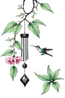 branch with windchime hanging with philodendron leaves and gladiolus hummingbird getting nectar  tattoo design idea