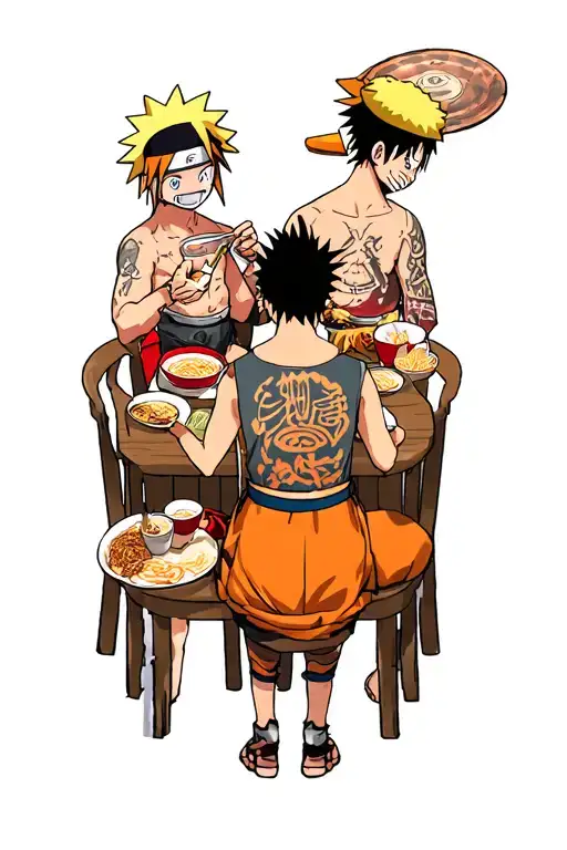 Naruto, Jiraiya, Luffy and Shanks eating at ichiraku ramen their backs turned  tattoo design idea