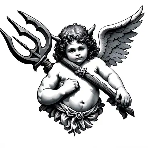 demon Cherub holding pitchfork tattoo design idea
