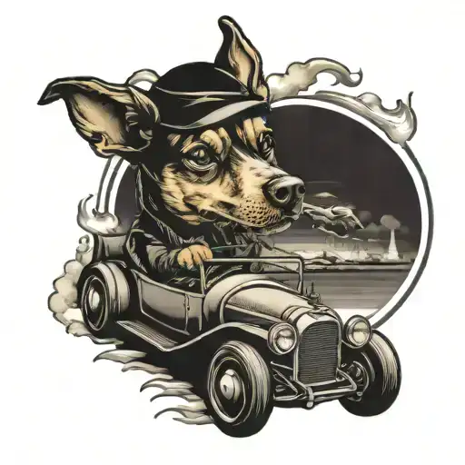 .dog driving car drifting tattoo design idea