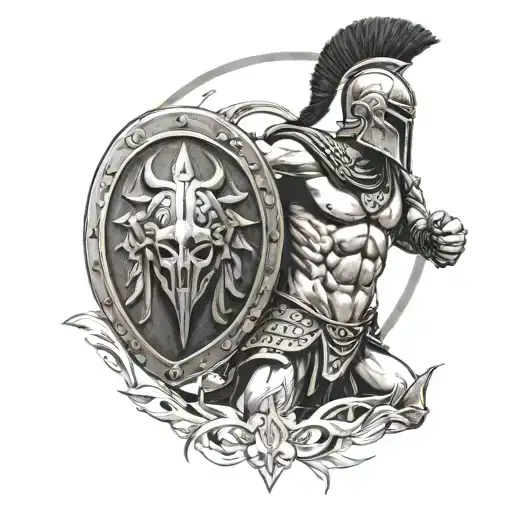 spartan warrior, holding a shield with Sparta in background tattoo design idea