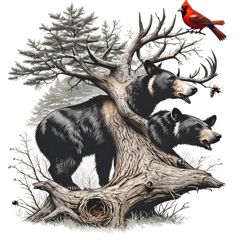 buck under tree with one black bear beehive and cardinals  tattoo design idea