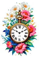 timepiece and flowers tattoo design idea