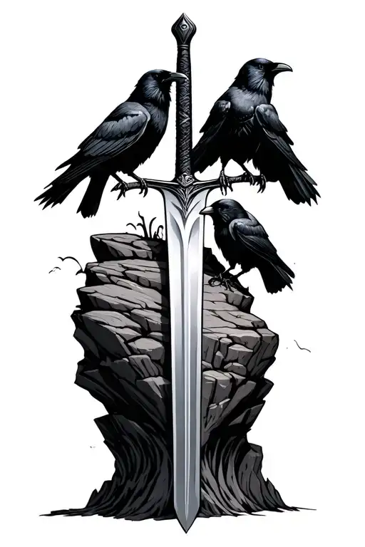 long sword stuck in rock with crows perched tattoo design idea