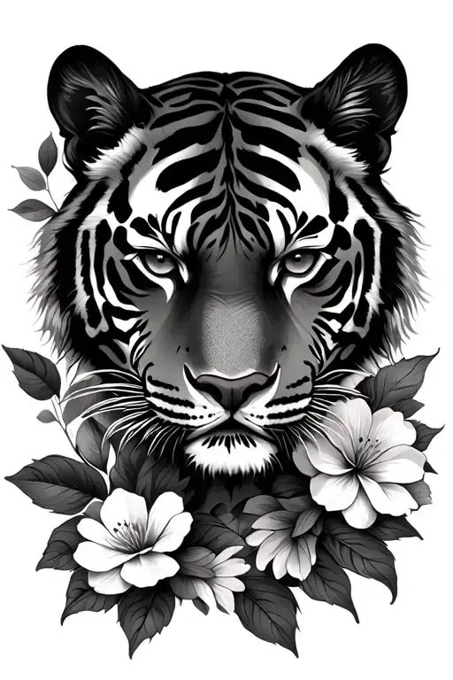 woman flowers tiger face tattoo design idea