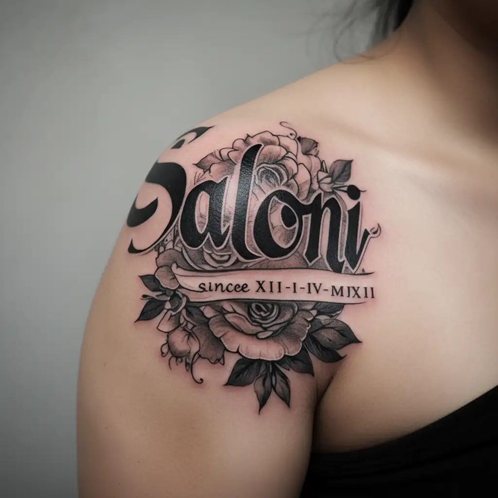 a name "Saloni" actually it's my wife's name so I want a tattoo of Saloni and below it "since XIII-IV-MMXIII" tattoo design idea