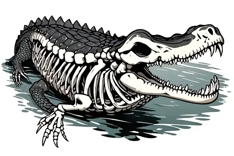 alligator swimming skeleton tattoo design idea