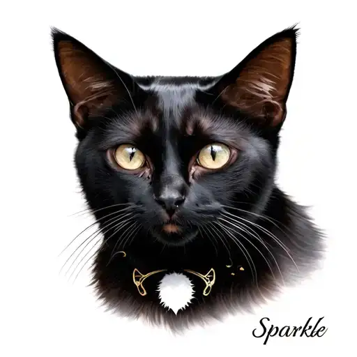 Black cat with a small white spot in the breastplate with the name sparkle tattoo design idea