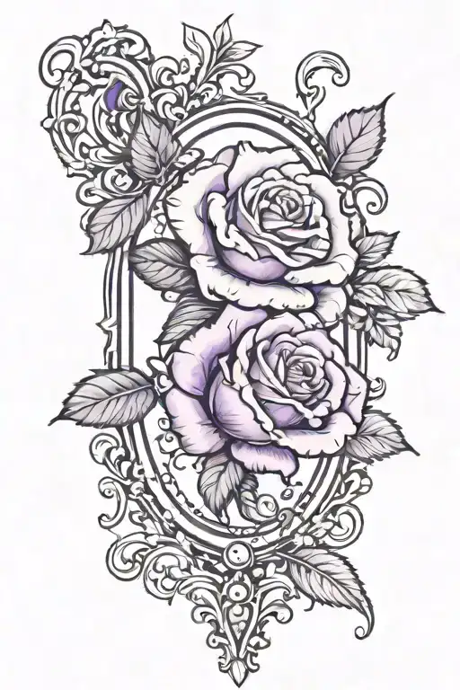 ornate baroque frame with a single realistic purple rose coming out from the frame  tattoo design idea