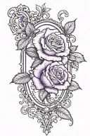 ornate baroque frame with a single realistic purple rose coming out from the frame  tattoo design idea