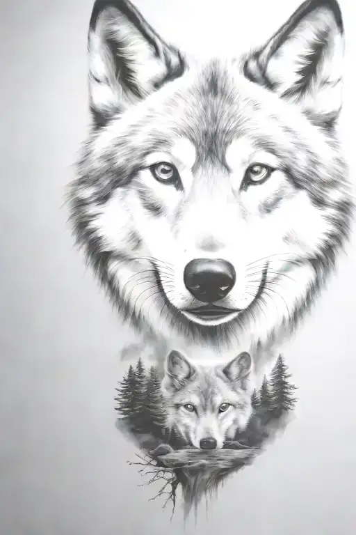 wolf cub, moon, forest, river, adult wolf, smoke rising tattoo design idea