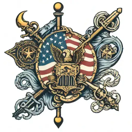 us flag intertwined with army navy marine emblems tattoo design idea