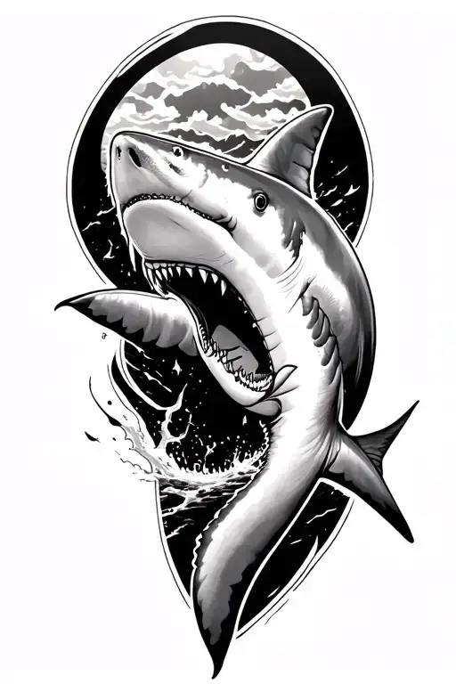 great white shark tattoo that has its tail just above the elbow.  the great white tattoo is black and white  tattoo design idea