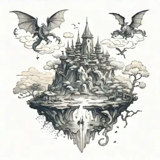 A fantasy landscape with floating islands, dragons flying overhead, and anime characters exploring the world below tattoo design idea