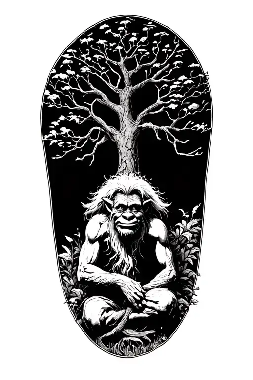 norwegian troll sit at foot of a tree of life tattoo design idea