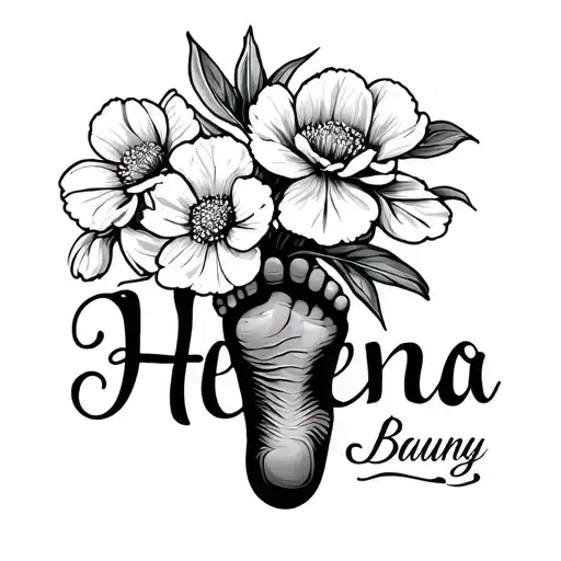 "Helena" carnation and snowdrop flower bouquet with baby foot print with name tattoo design idea
