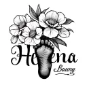 "Helena" carnation and snowdrop flower bouquet with baby foot print with name tattoo design idea