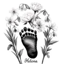 "Helena" carnation and snowdrop flower bouquet with baby foot print with name tattoo design idea