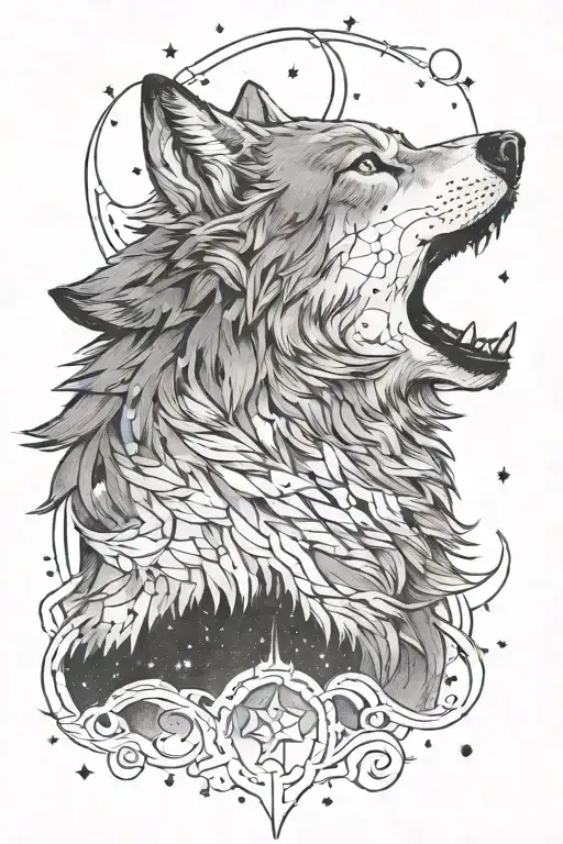 wolf howling at constellation tattoo design idea