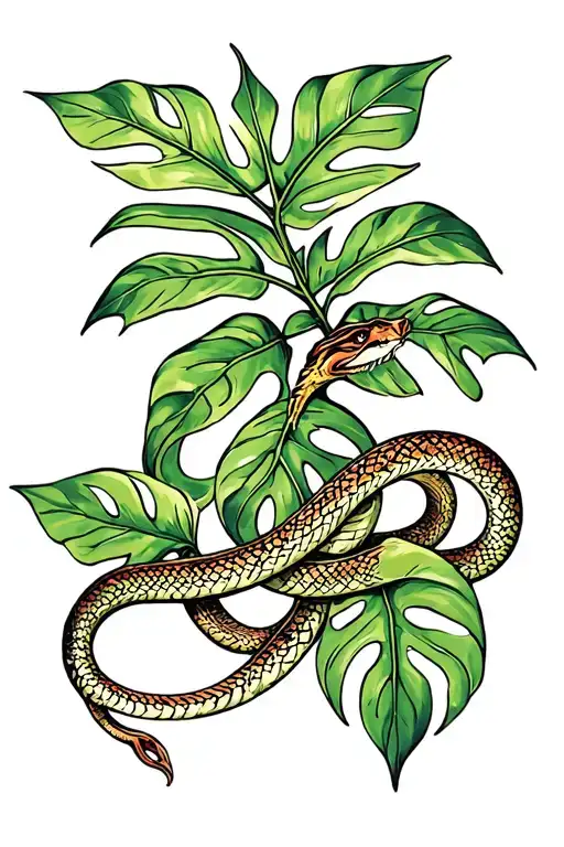 monstera leaf and snake intertwined tattoo design idea