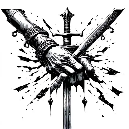 A knight's hand that drops a sword that breaks tattoo design idea