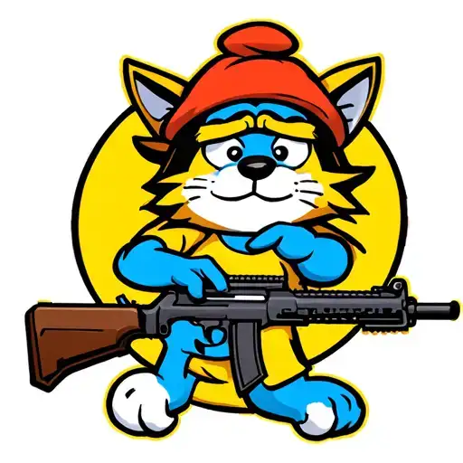 "hawk tuah" smurf cat whit ak 47 tattoo design idea