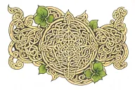 I want a Celtic knot armband tattoo including four leaf clover, Shri yantra, zodiac sign virgo, number 7, lotus flower tattoo design idea