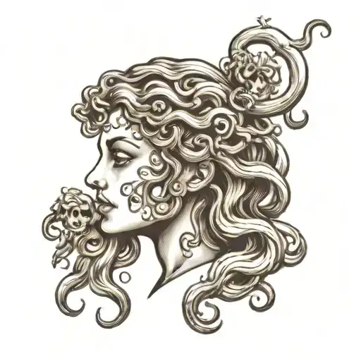 Medusa head. Right side of her face is childlike. Left side is skeleton.  tattoo design idea