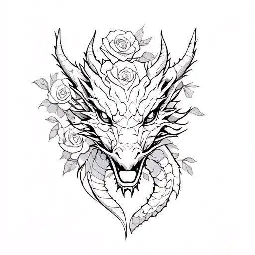 dragon head and roses  tattoo design idea