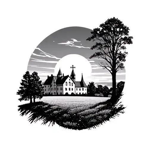 a manor on the side of a field with trees and a sunset with a christian church in the distance tattoo design idea