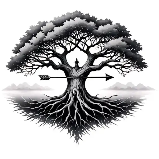 tree of life with the arrow of Sagittarius for the trunk of tree tattoo design idea