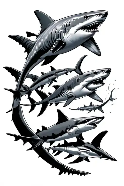 great white sharks, whale sharks, hammerheads and mako sharks tattoo design idea