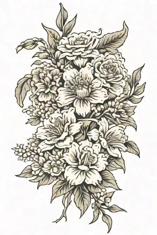 marigold, Gladiolus,daisy, chrysanthemum, daffodil, carnation bouquet tattoo design idea
