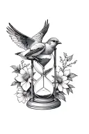 A canary bird flying by an hourglass surrounded by flowers tattoo design idea